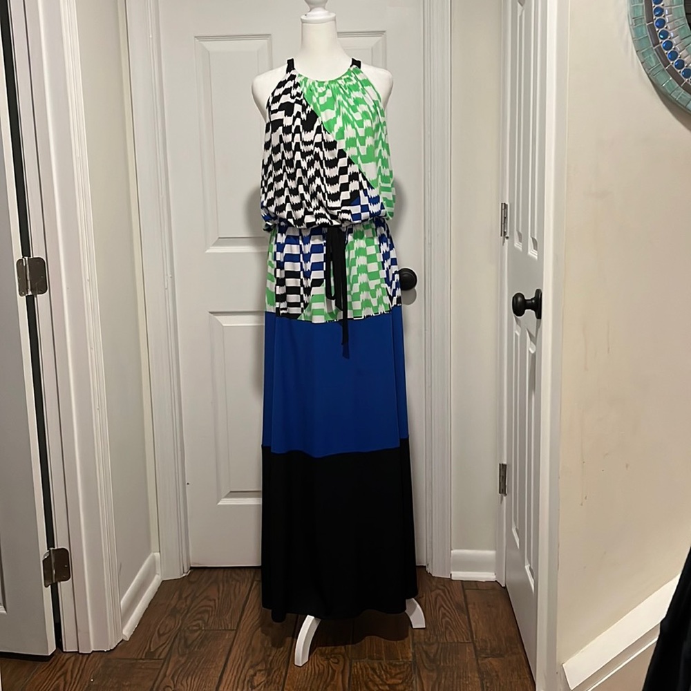 Maggy London Green and Blue Maxi Dress